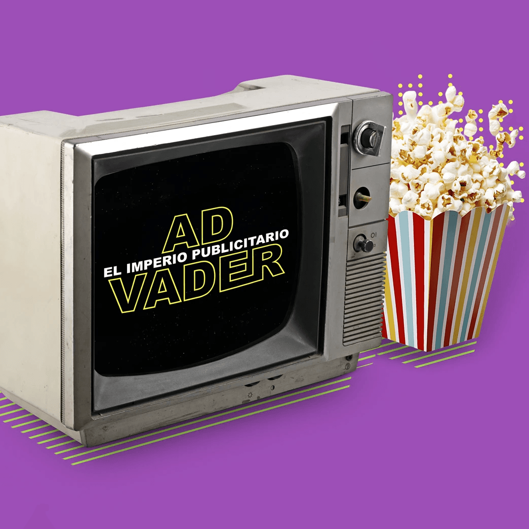 Televisor retro con mensaje "Ad Vader: El Imperio Publicitario" al lado de palomitas de maíz sobre fondo morado.