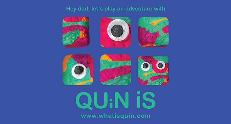 A set of colorful images, green, blue, red and orange. Some of them have what look like eyes. The title of the poster: QUiN iS whatisquin.com.