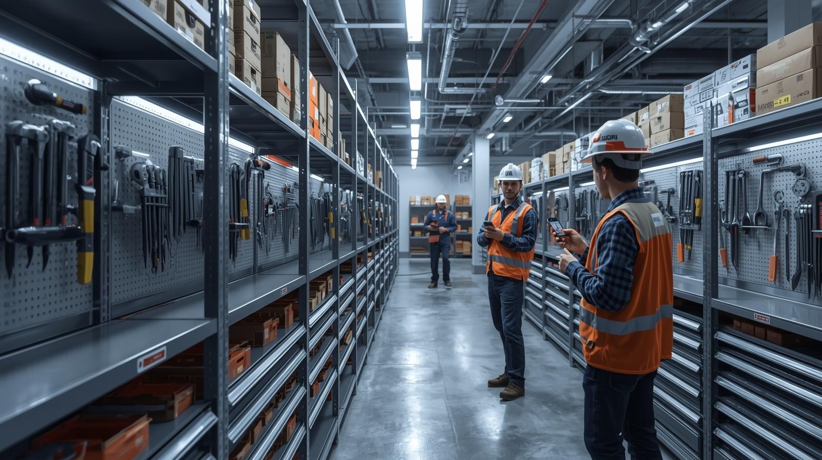 Construction technicians scanning QR-tagged tools inside an organised toolroom.