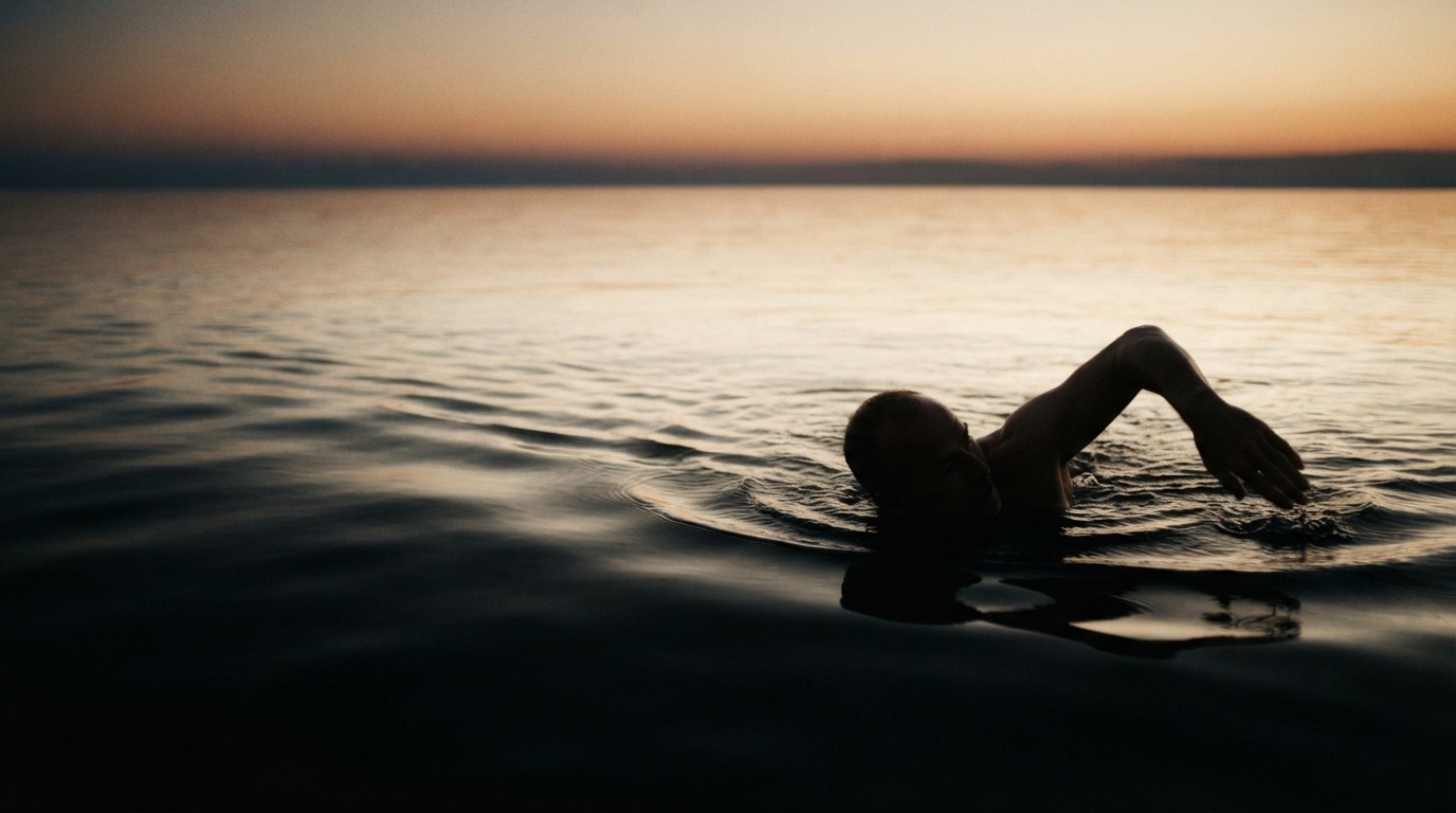 A swimmer in open water at dusk
