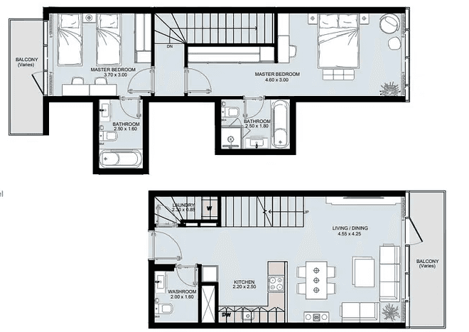 Floor plan of the 3D Type 8 apartment at Perla, Abu Dhabi, showcasing layout and room dimensions.