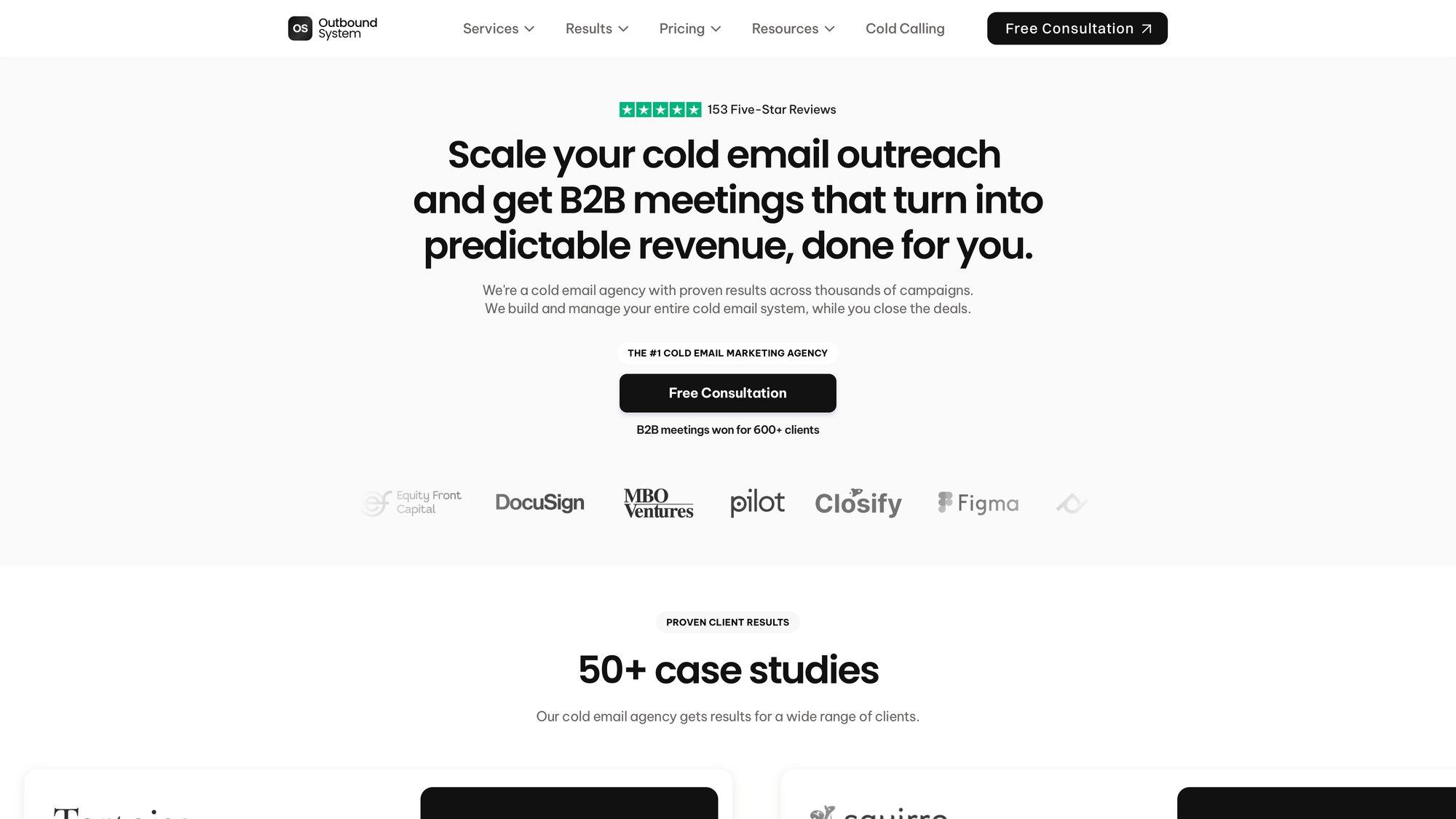 Outbound System homepage showing cold email agency value proposition with 153 five-star Trustpilot reviews and prominent client logos