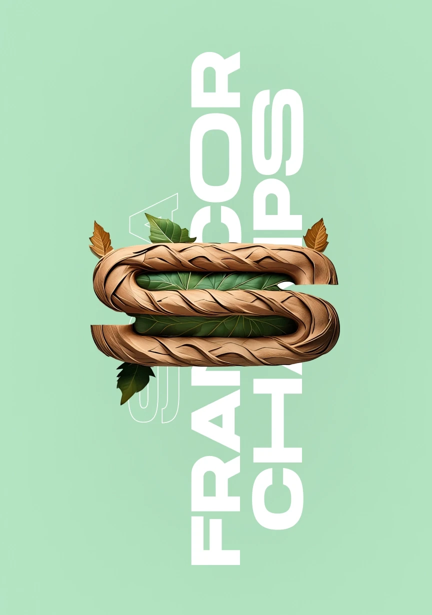 “3D letter ‘S’ made of twisted wood and green leaves on a mint green background with bold white text reading ‘Francor Champs.’