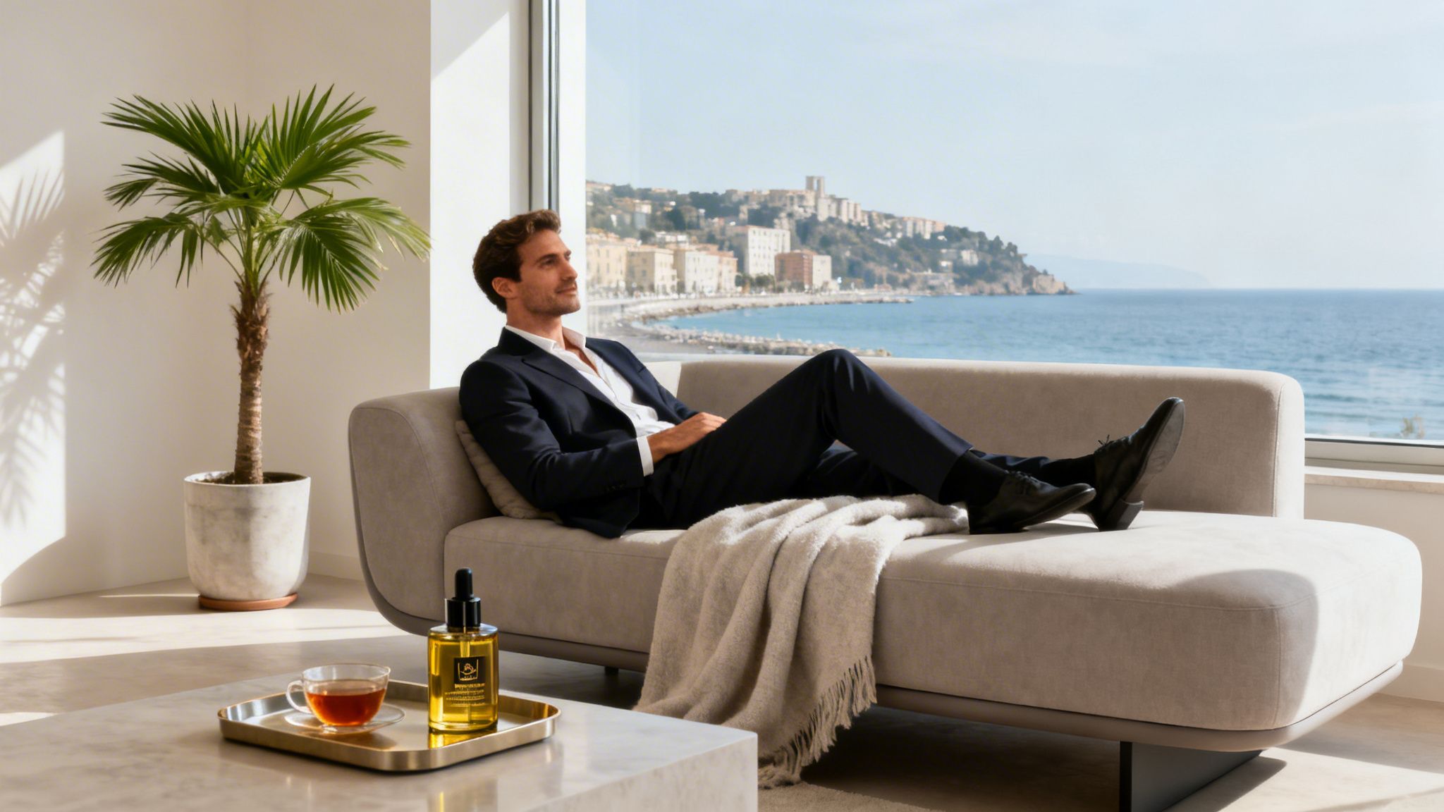 Elegant man relaxes on a modern sofa, enjoying a scenic ocean view with a palm tree and tea.