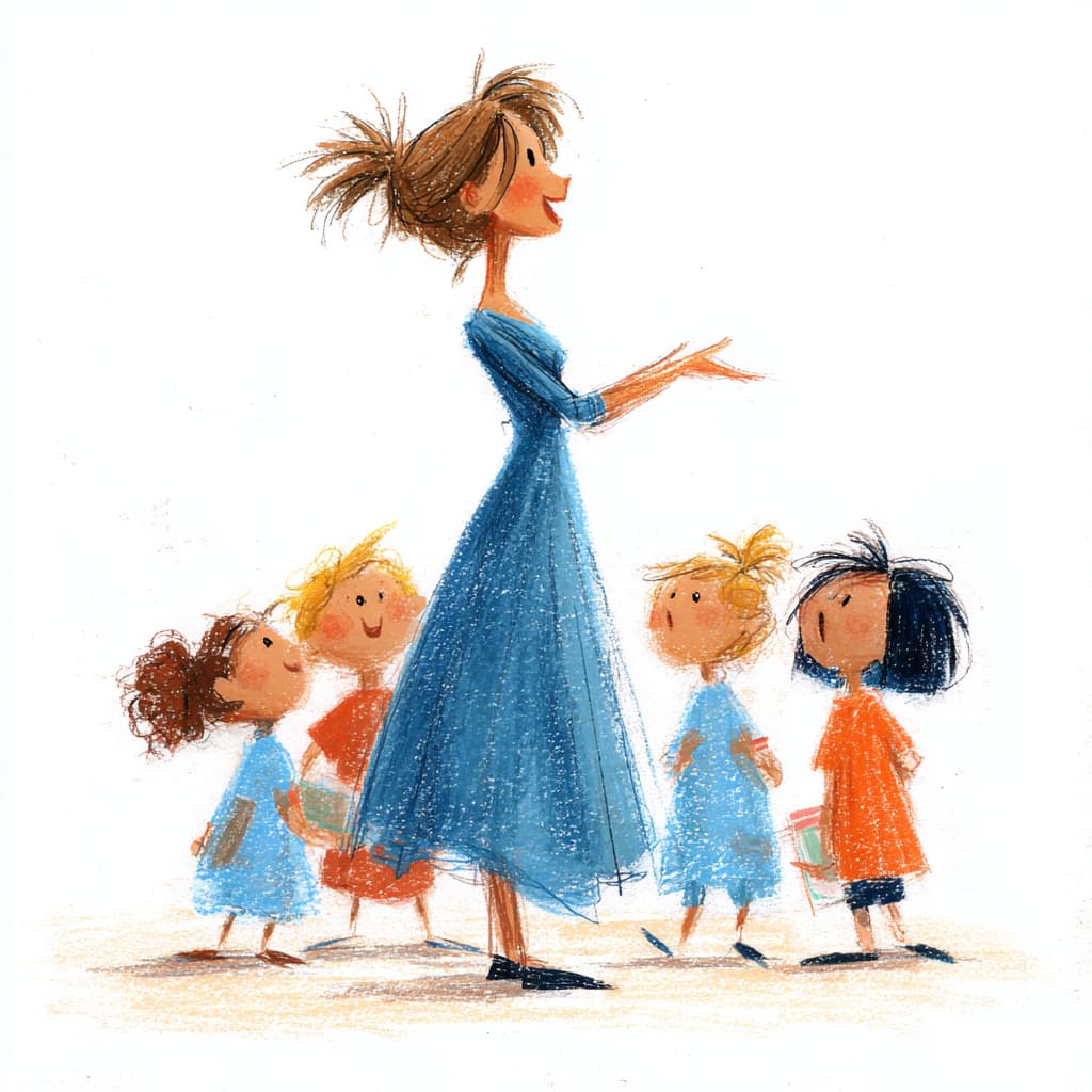 Illustration einer Kursleiterin, die eine kleine Gruppe sanft durch Singen und Bewegung führt – warm, aufmerksam, einladend.