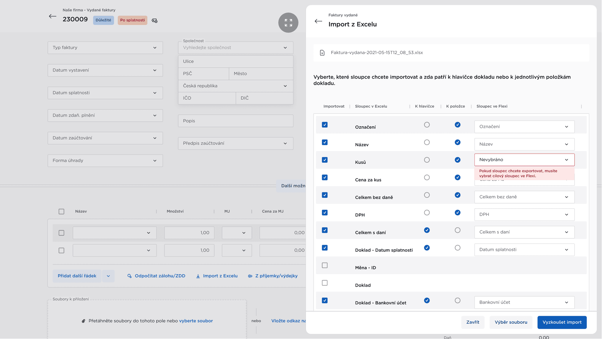 ABRA Flexi: detail nastavení importu z Excelu pro vytvoření vydané faktury v přehledném bílomodrém rozhraní, s možností mapovat a importovat jednotlivé sloupce do Flexi.