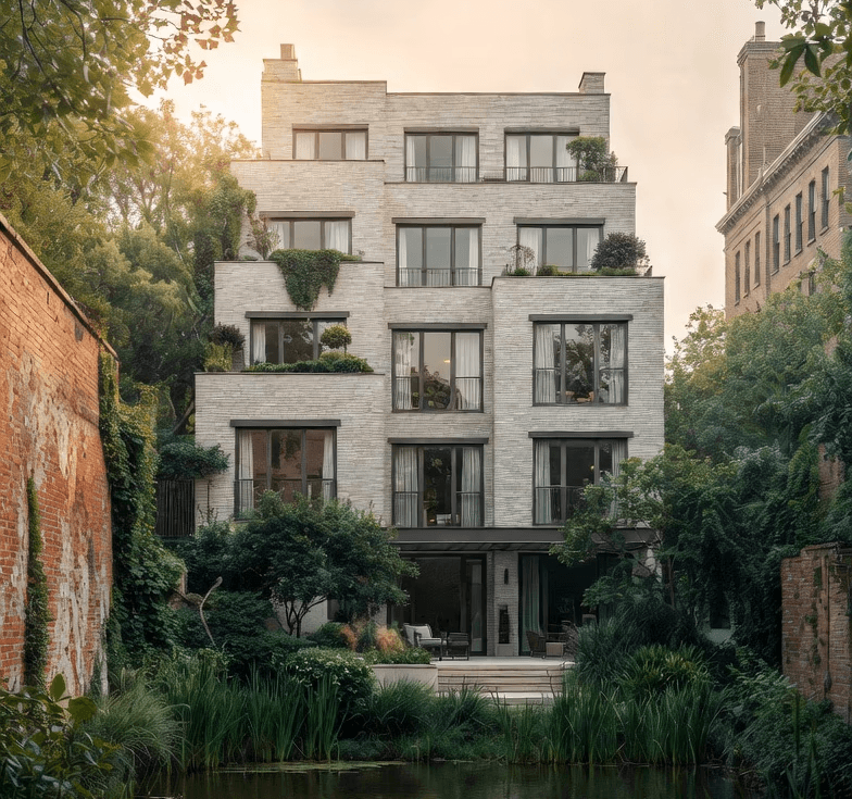 Five-story modern brick building with large windows and balconies, surrounded by lush greenery and a small pond in the foreground. Tranquil, natural setting.
