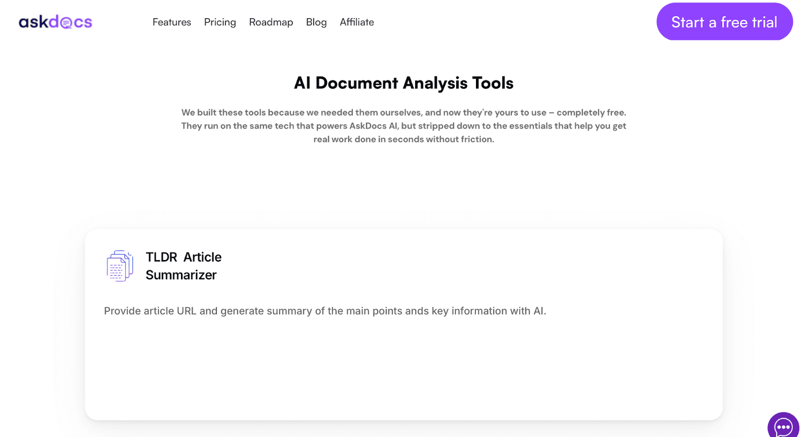 AskDocs Free Tools Page - TLDR Article Summarizer