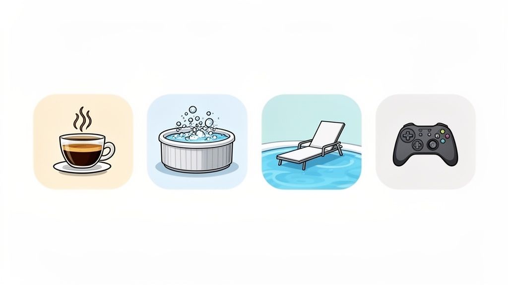 Relaxation icons featuring coffee, a hot tub, a pool chair, and a game controller.