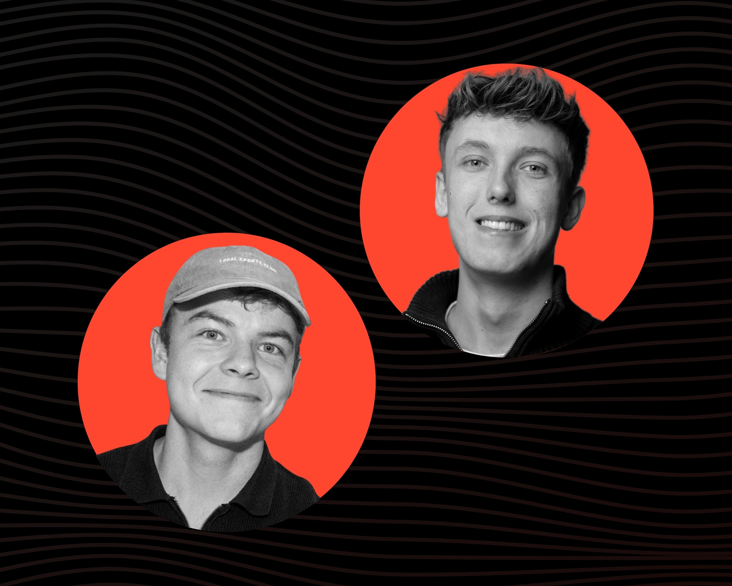 To unge mænd i sort-hvid portræt med rød baggrund, teamet bag 2Nørder