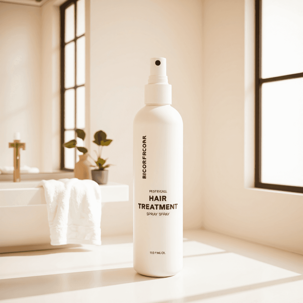 product photography of a bottle of hair treatment spray