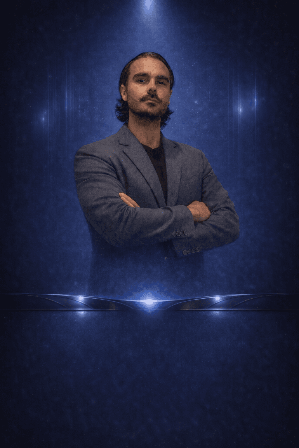 A man wearing glasses and a floral shirt stands against a vibrant orange background.