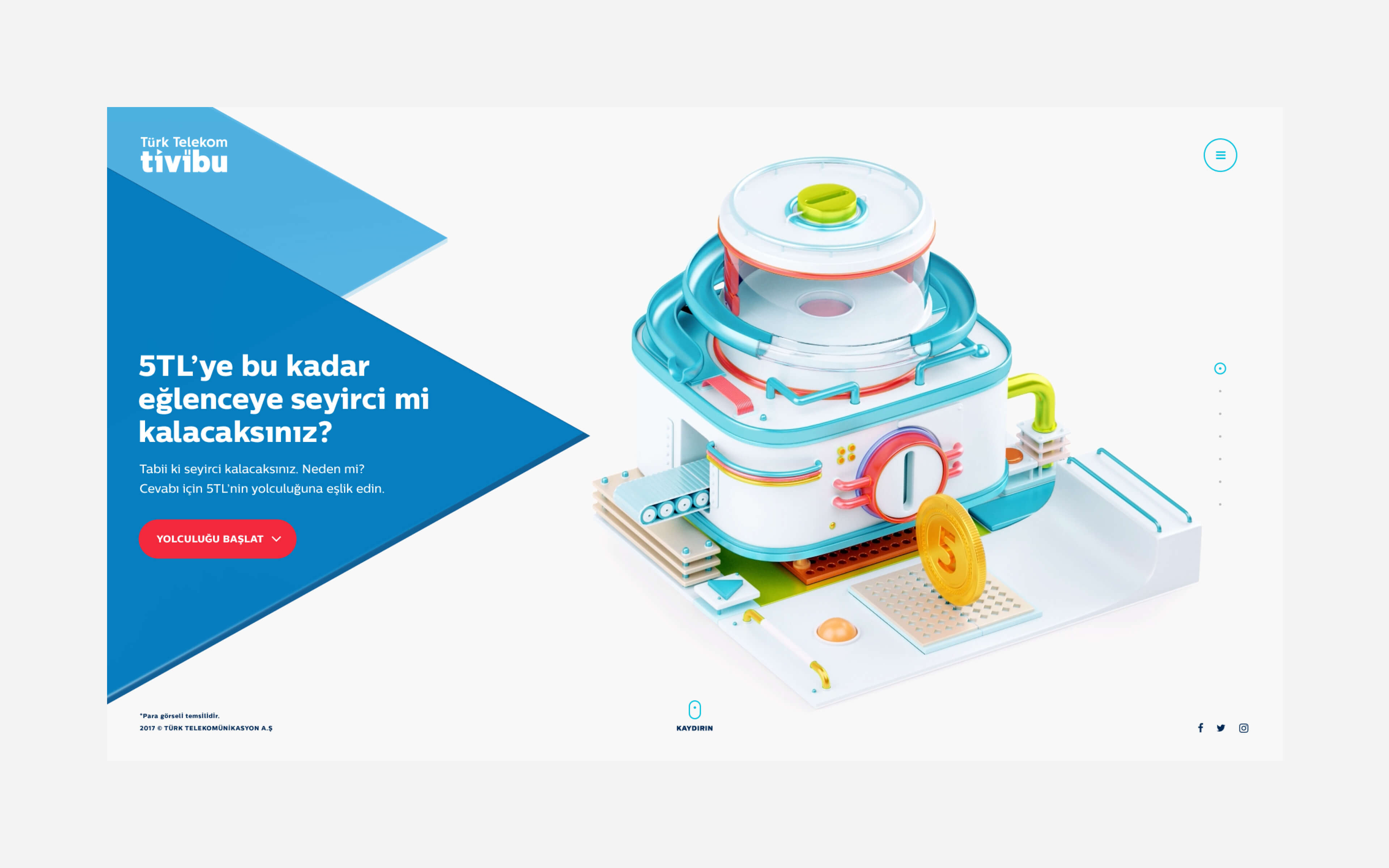 Turk Telekom – 5TL Journey landing screen with interactive machine, 5 TL coin, Tivibu branding, and bold call-to-action; designed by Burak Canpolat.