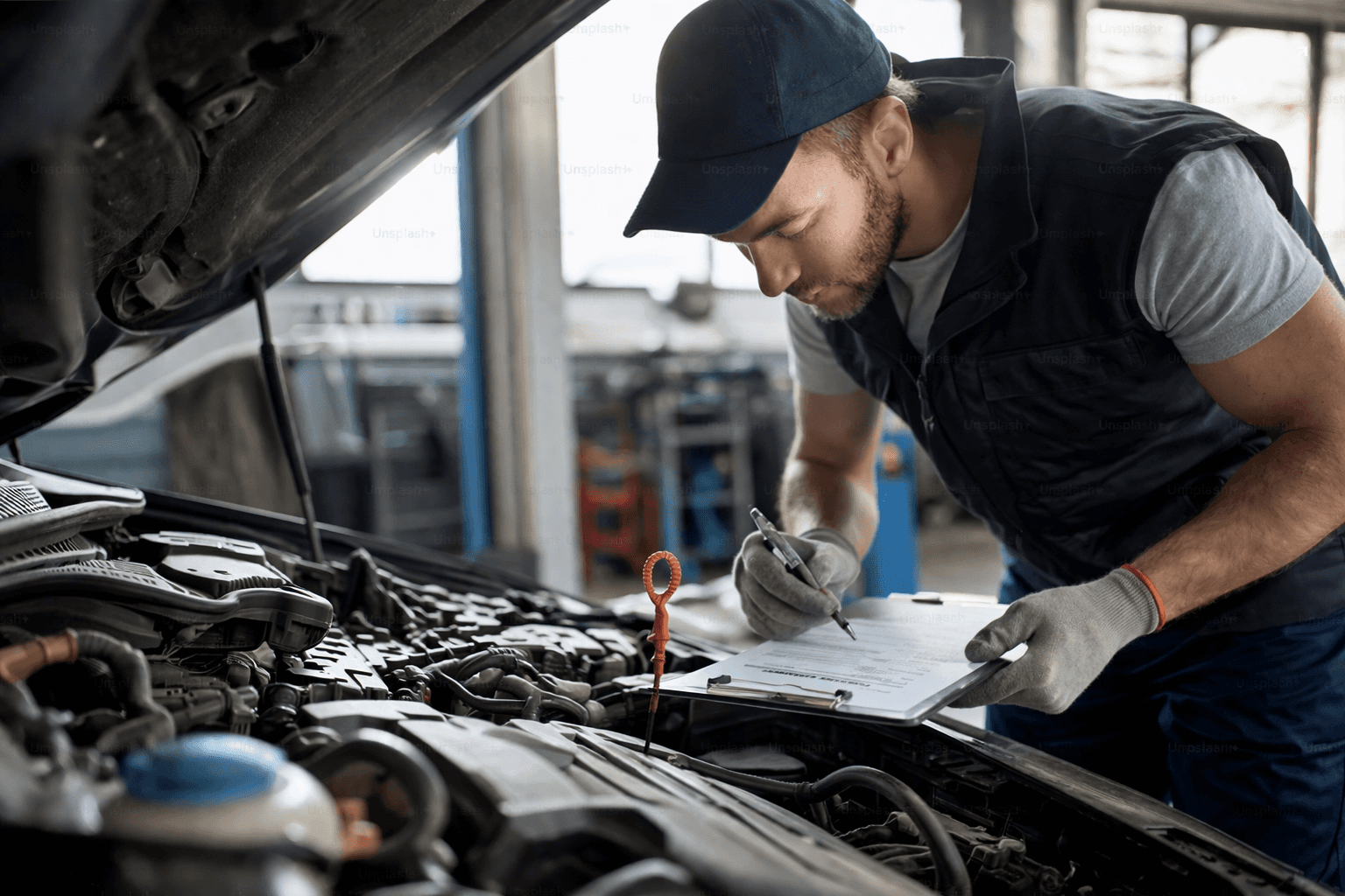 Mechanic inspecting a car engine and marking notes on a clipboard in an auto repair shop.
