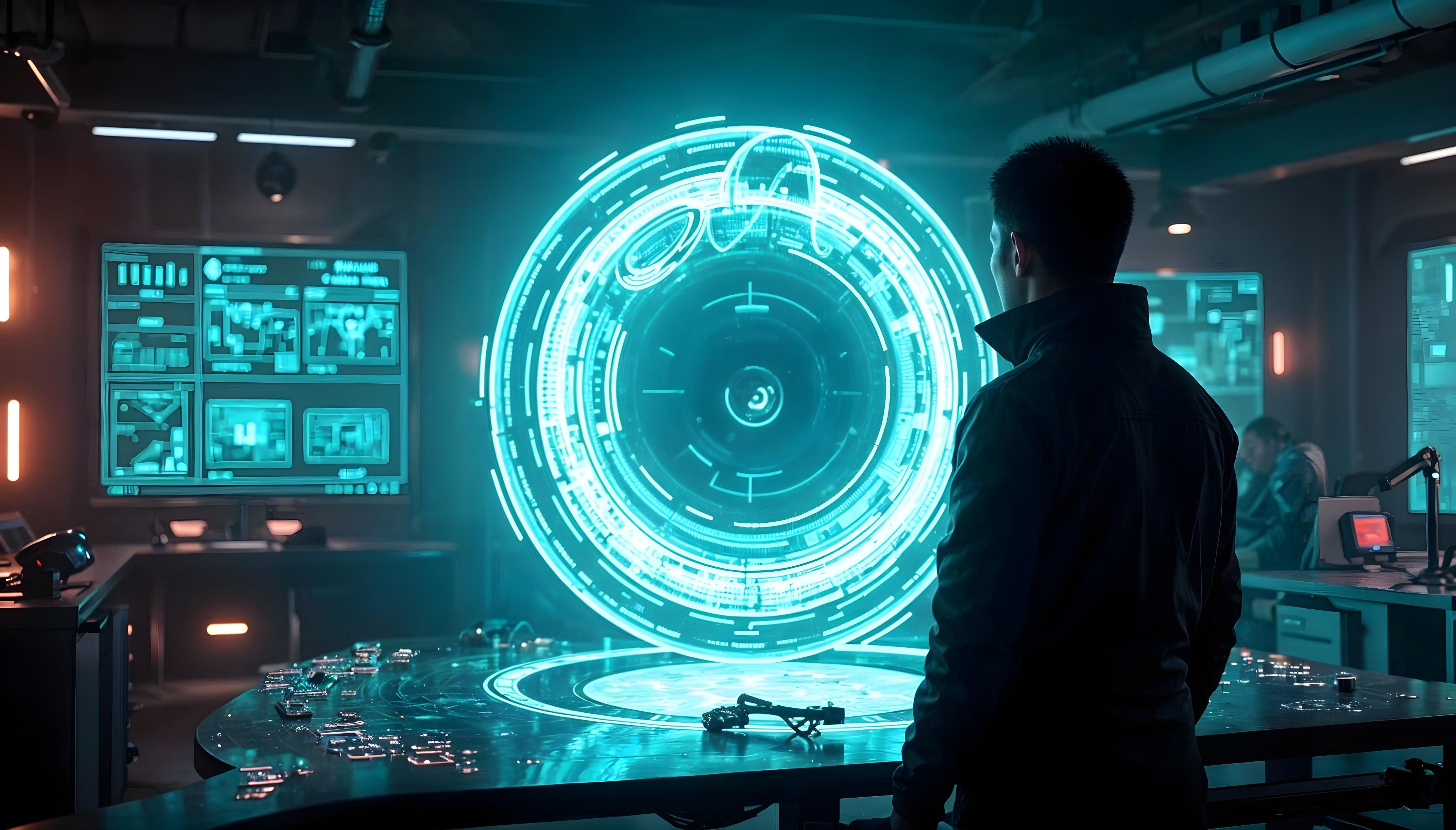 A man stands in a dimly lit high-tech room, observing a large neon blue holographic display hovering over a table. Surrounding screens show complex data and graphics. The atmosphere is futuristic and advanced.