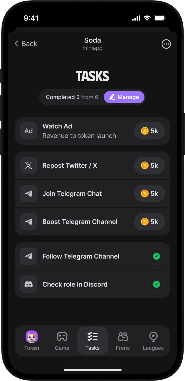 Mobile app screen showing a list of tasks that users can complete to earn rewards, such as watching ads, following on X, and boosting channels