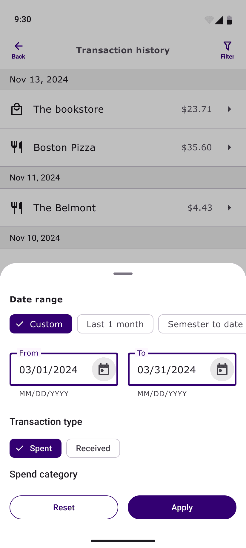 Mid-fidelity design showcasing the transaction filter open, with options to select date range, transaction type, and categories for refined search results.