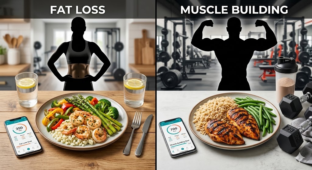 A split-screen infographic comparing nutrition for fat loss and muscle building goals. The left panel shows a person with a toned physique and a healthy meal of shrimp, asparagus, and peppers with cauliflower rice (350 calories). The right panel shows a muscular person with a bulking meal of grilled chicken, brown rice, and green beans (700 calories). Both sides include a calorie tracking app and a gym background.