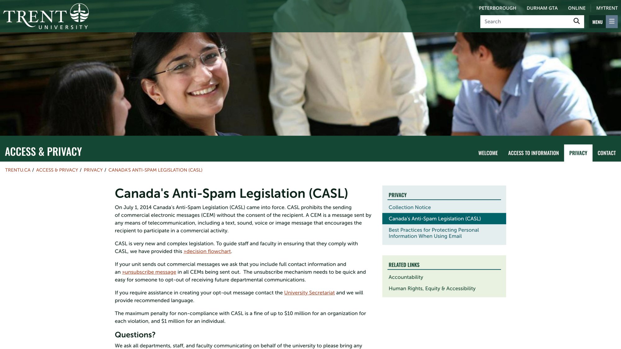 Official CASL (Canada's Anti-Spam Legislation) resource page showing consent requirements and strict penalties