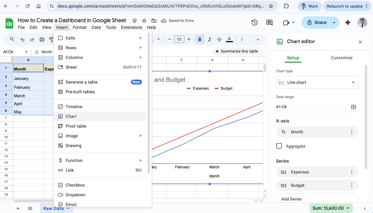 A screenshot showing the creation of a dashboard in google sheets