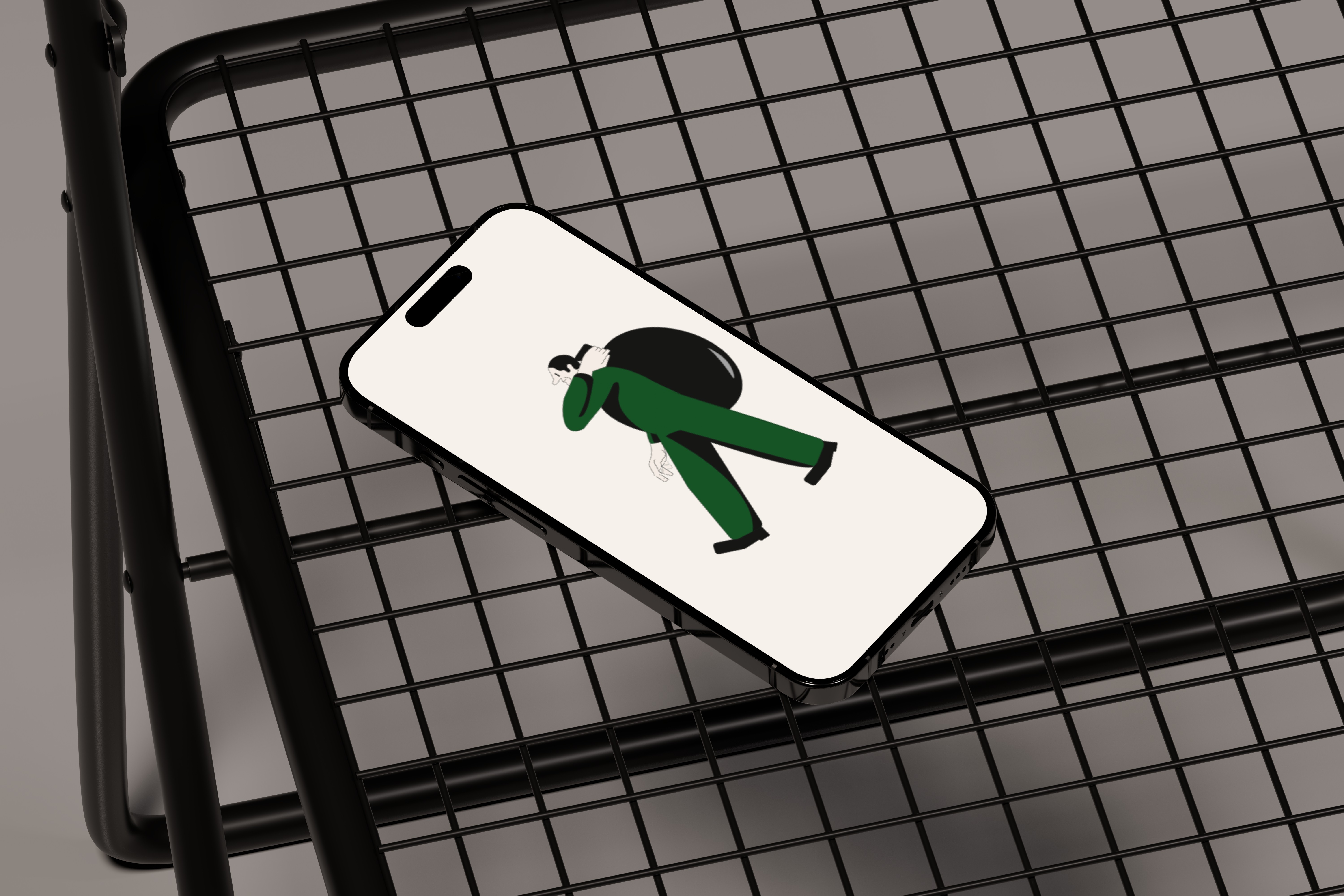 An image featuring an iPhone 16 placed against a metal grid pattern background.