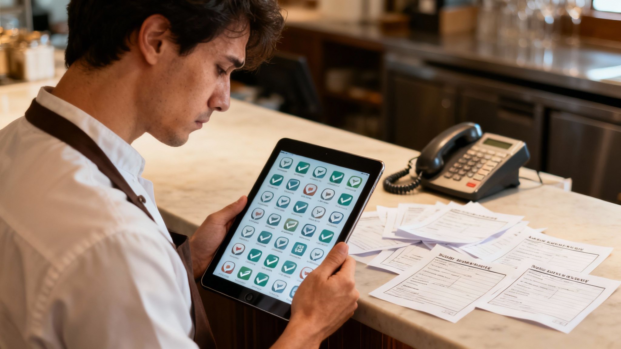 A man in an apron uses a tablet displaying checkmark icons, next to a phone and papers.