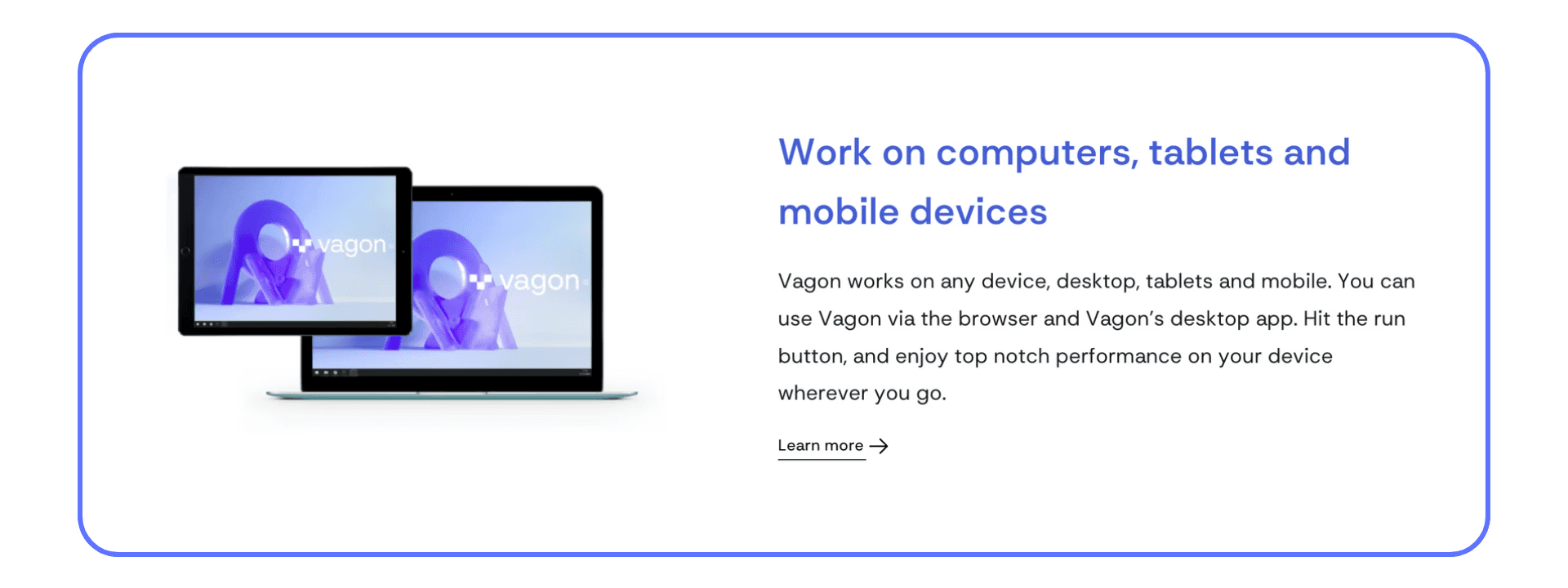 Vagon interface displayed on a tablet and laptop, demonstrating cloud computer access across desktop, tablet, and mobile devices.
