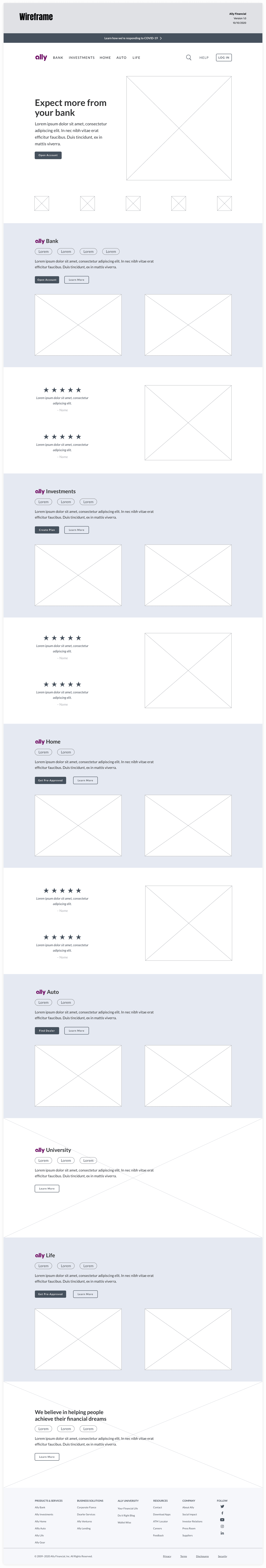 Ally Financial low-fidelity homepage wireframe
