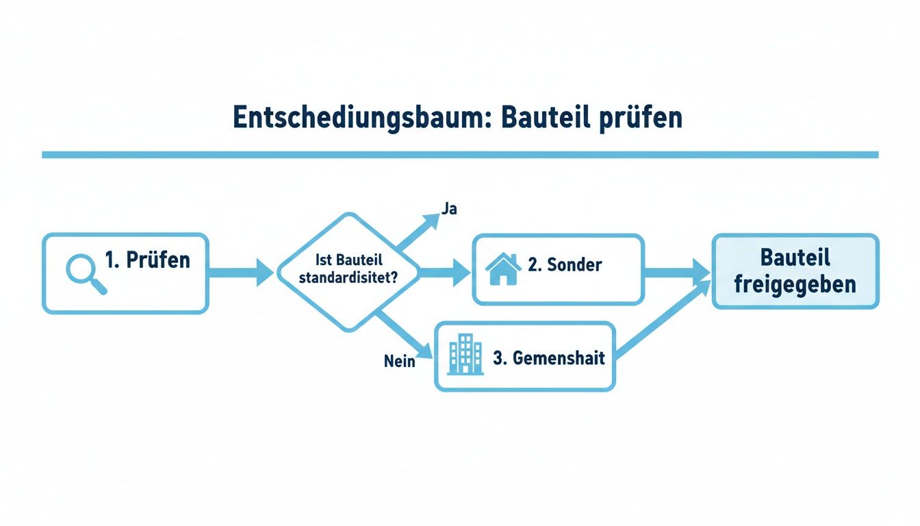 Flussdiagramm für die Bauteilprüfung, zeigt den Prozess von der Prüfung bis zur Freigabe des Bauteils.
