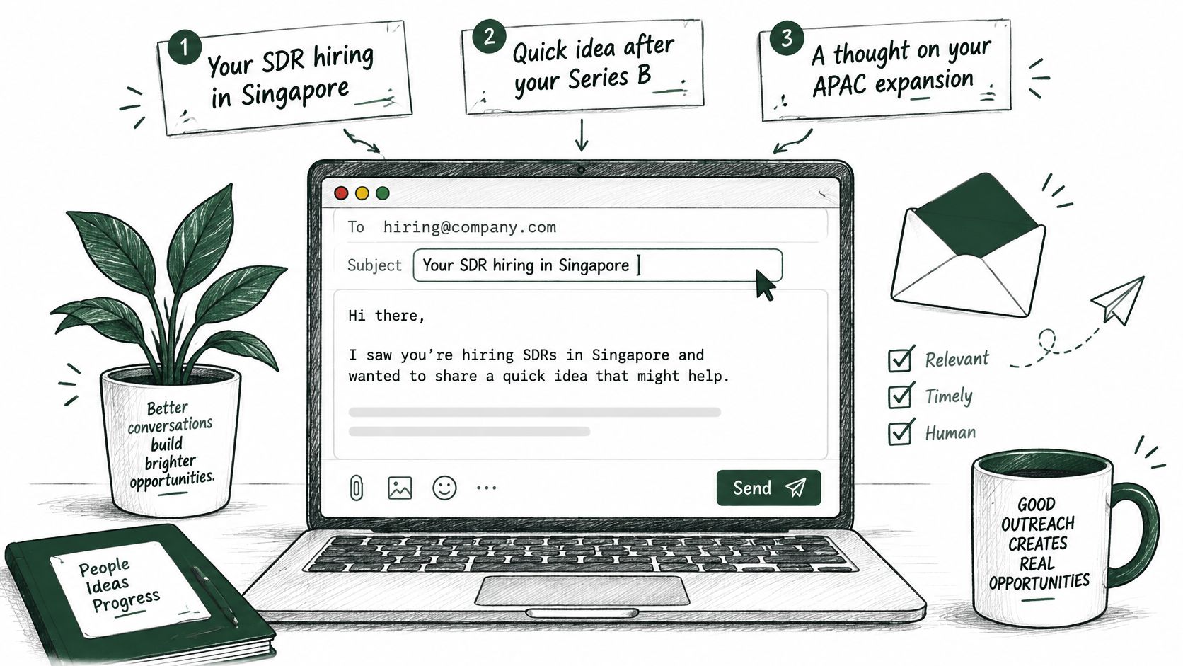A digital illustration depicting a laptop writing an email outreach message with professional tips for sales teams.