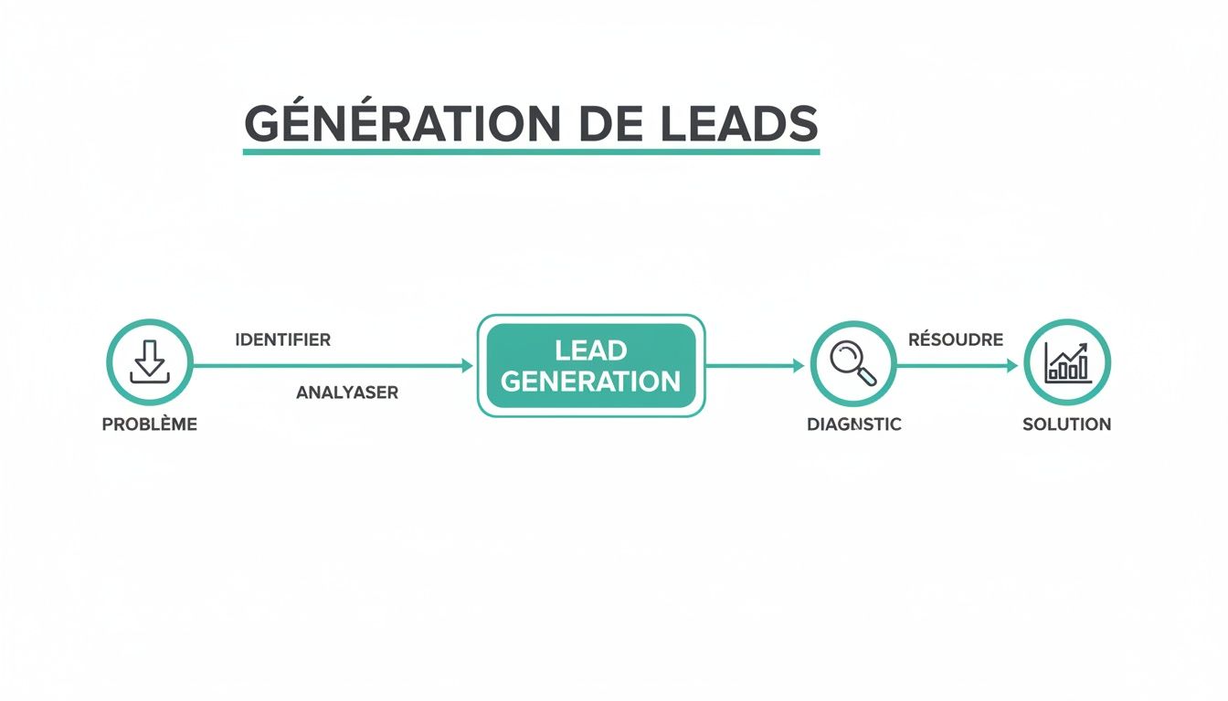 Schéma illustrant le processus de génération de leads, de l'identification du problème à la solution finale.