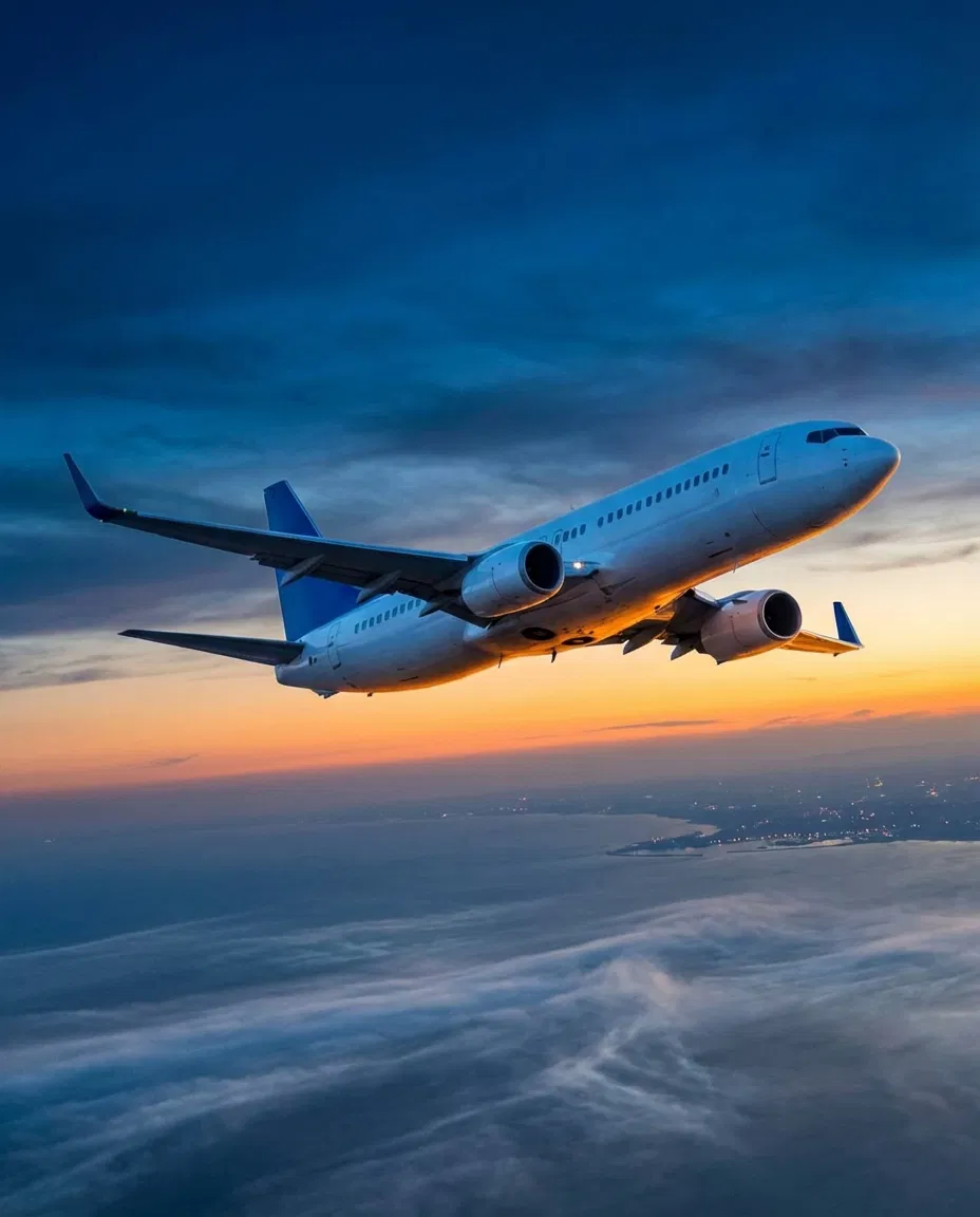 Commercial passenger airplane flying through the sky.