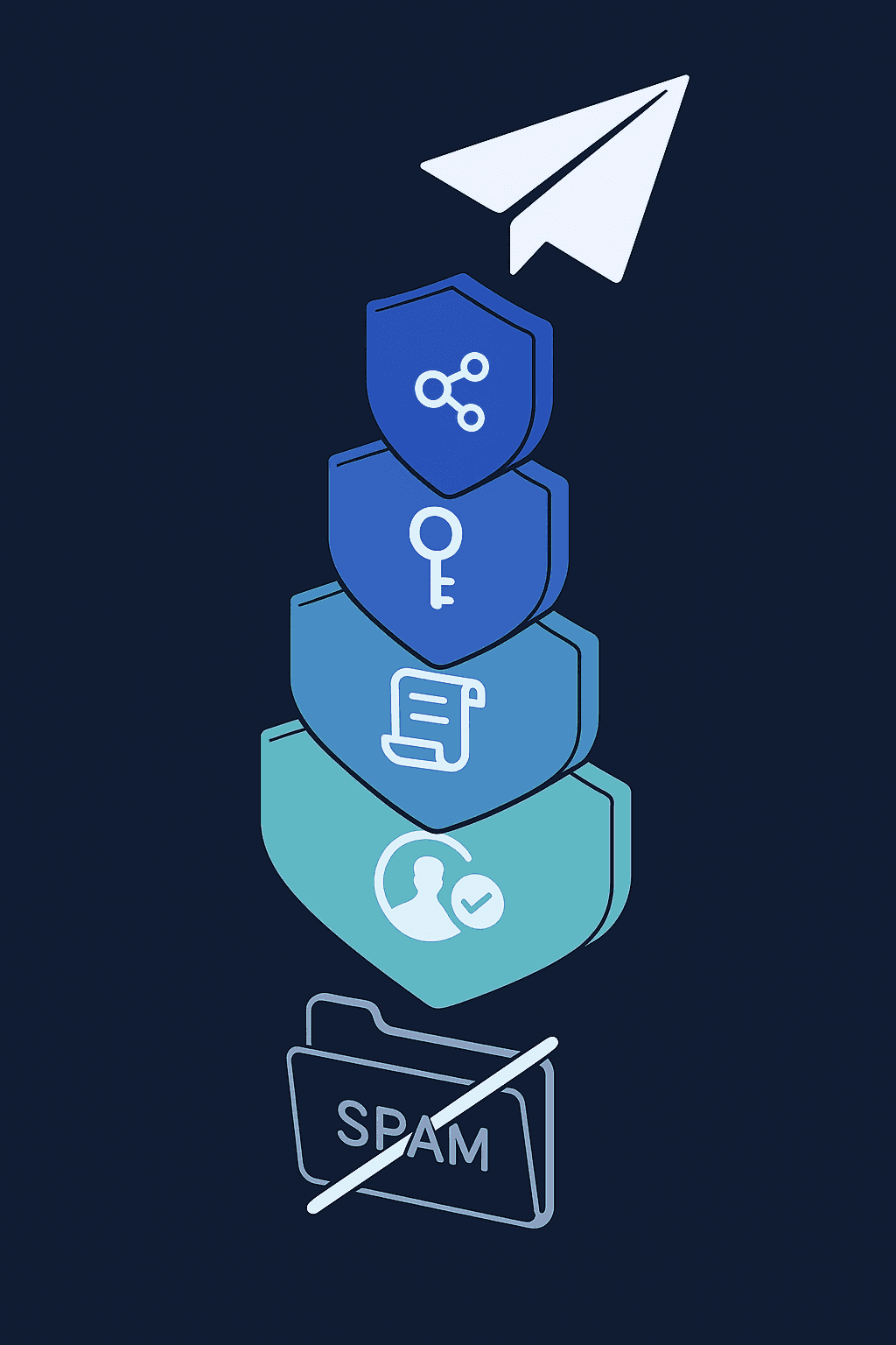 Layered illustration of email envelope passing SPF, DKIM, DMARC and BIMI security shields to reach inbox