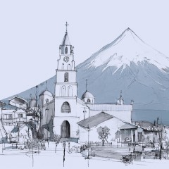 Portada de Seguimiento a la gestión del Gobierno Regional de Los Lagos: Informe final 2021-2024, seguimiento gubernamental de IdeaPaís, mostrando una ilustración de la catedral de Puerto Varas con el volcán Osorno detrás. 