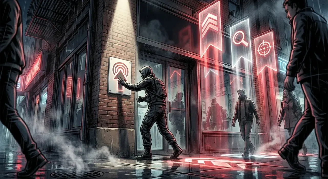 "Urban night scene outside RockN' Socials Digital Marketing Agency."