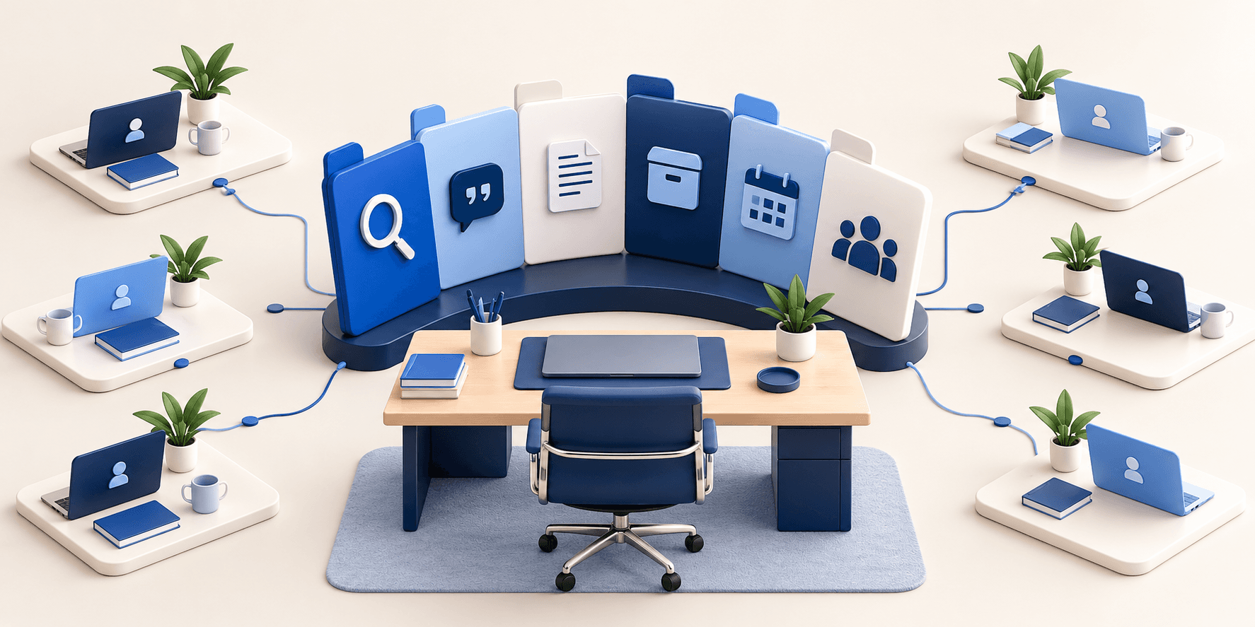 Six GEO tool capabilities organised around an agency desk connected to client workspaces.