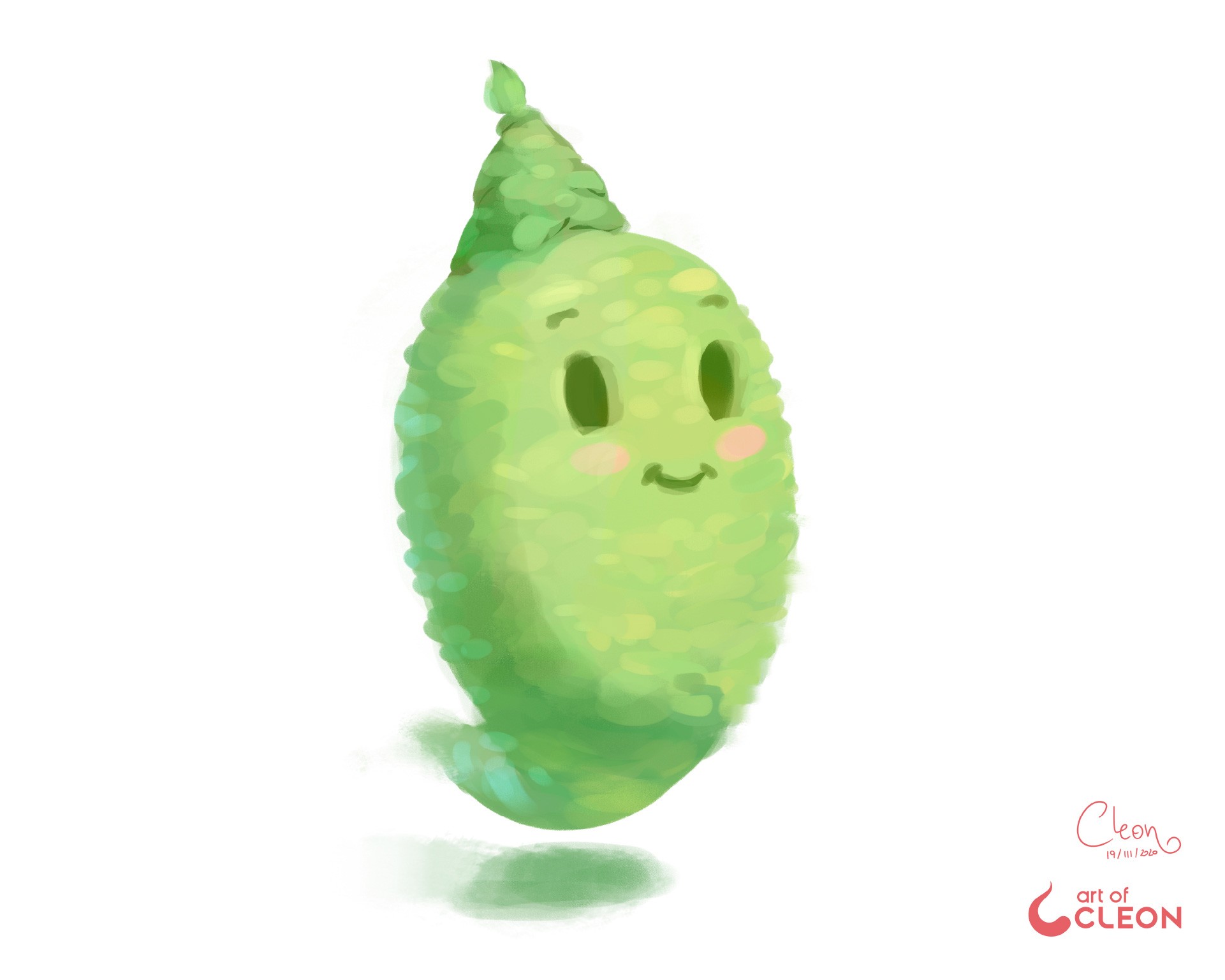 Original digital painting of the Spirit of the Forest, a soft green character covered in loose leaf-like brushstrokes and wearing a small party hat.