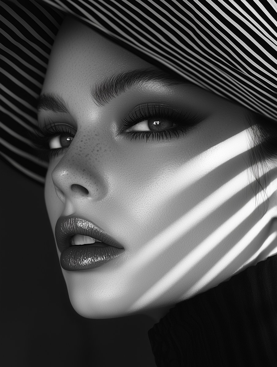 Black and white portrait of a woman with dramatic makeup and striped hat casting shadows on her face.