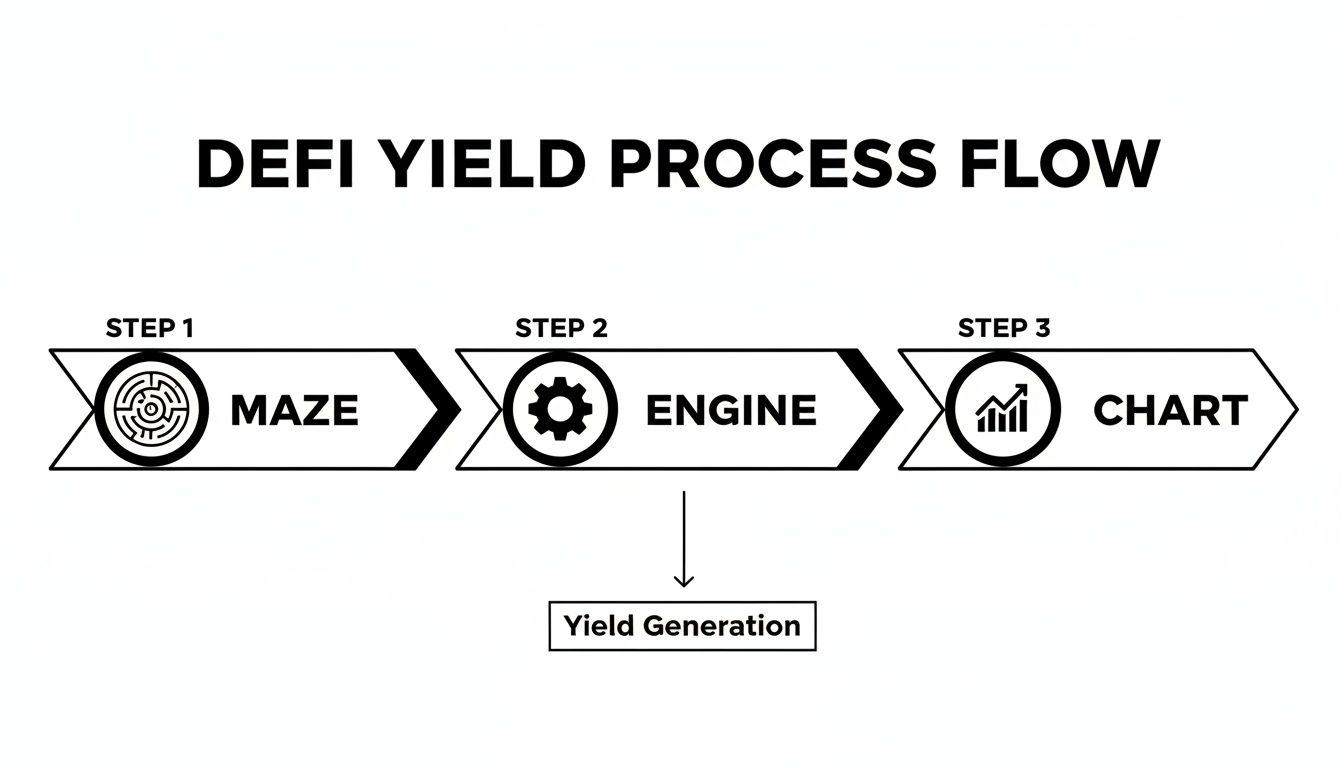 Flowchart detailing the DeFi Yield Process, showing steps Maze, Engine, Chart, and Yield Generation.
