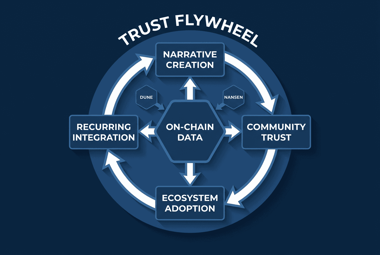 A circular flywheel diagram showing how on-chain data feeds into narrative creation, community trust, and ecosystem adoption for Web3 projects.
