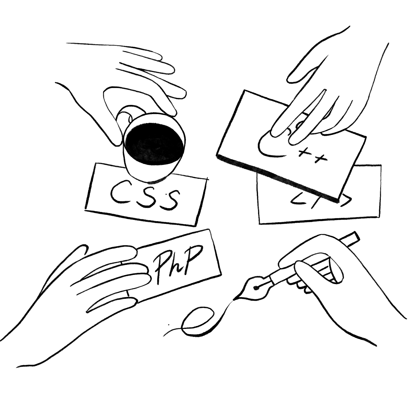 Sketch illustration of hands  with different developemnt related labels