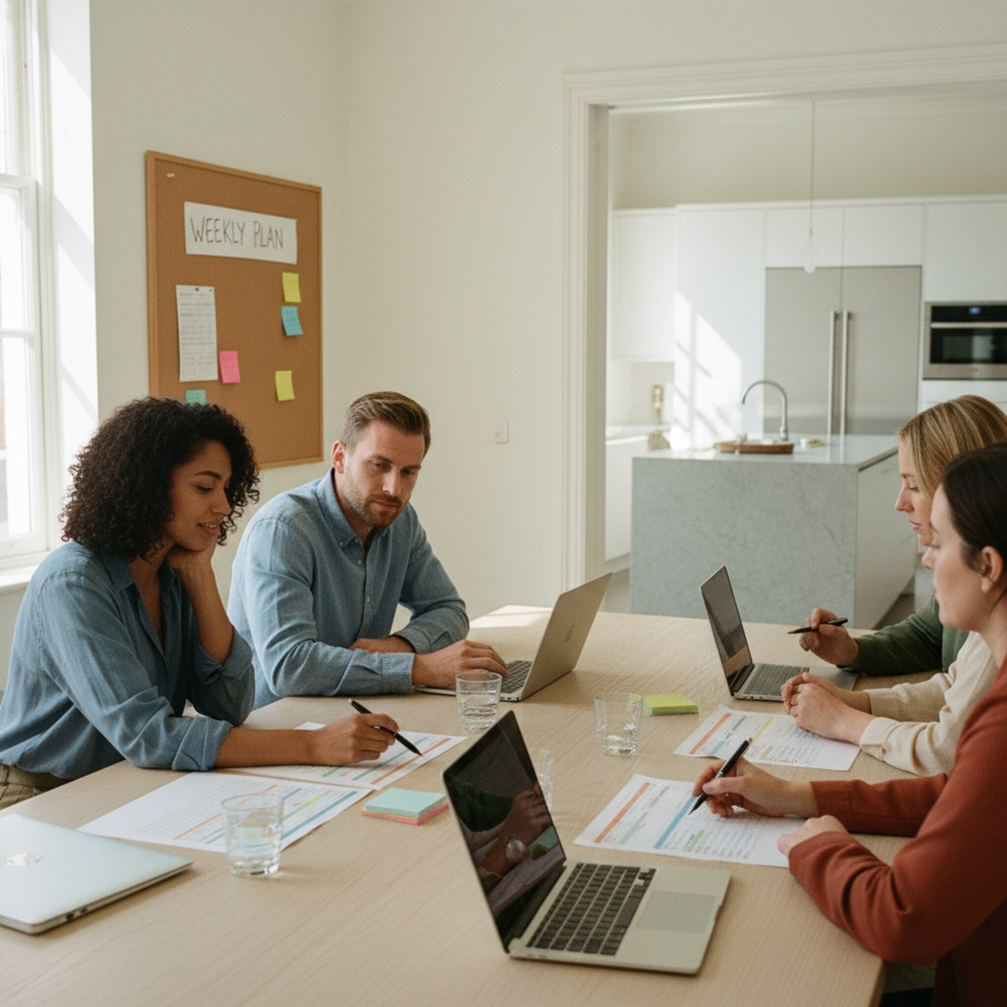 In einem Nebenraum bespricht ein Team die Woche an einem großen Tisch. Listen mit Namen und Zeiten liegen ordentlich aus, Markierungen zeigen Prioritäten. Eine Mitarbeiterin zeigt auf eine Zeile und nickt. Die Atmosphäre ist ruhig, konzentriert und koordiniert.