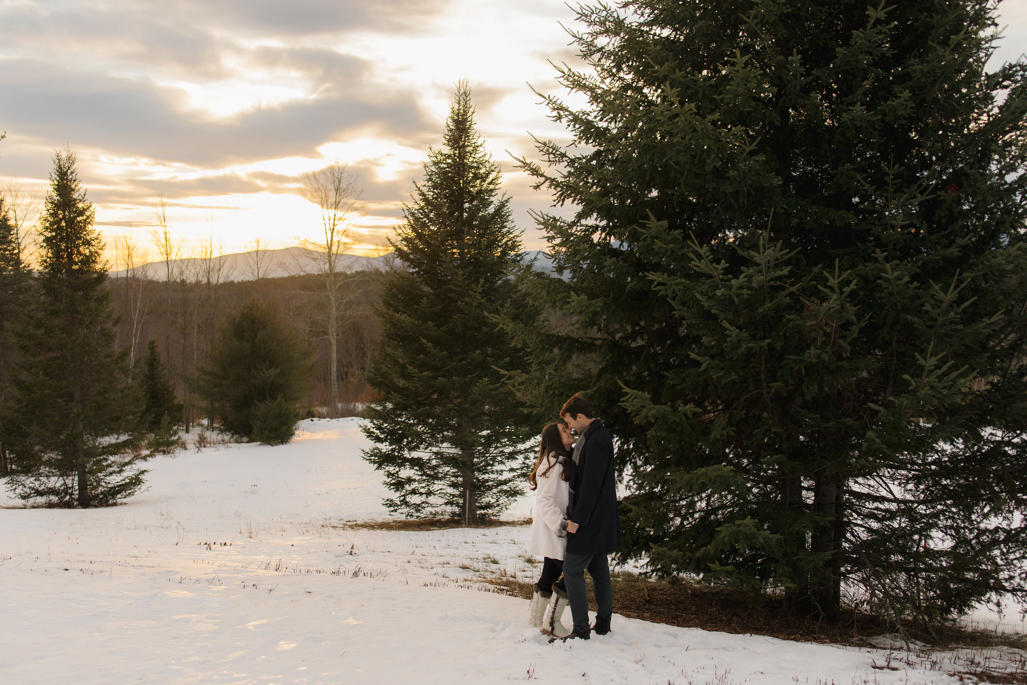 A couple embraces lovingly on a wooden dock.