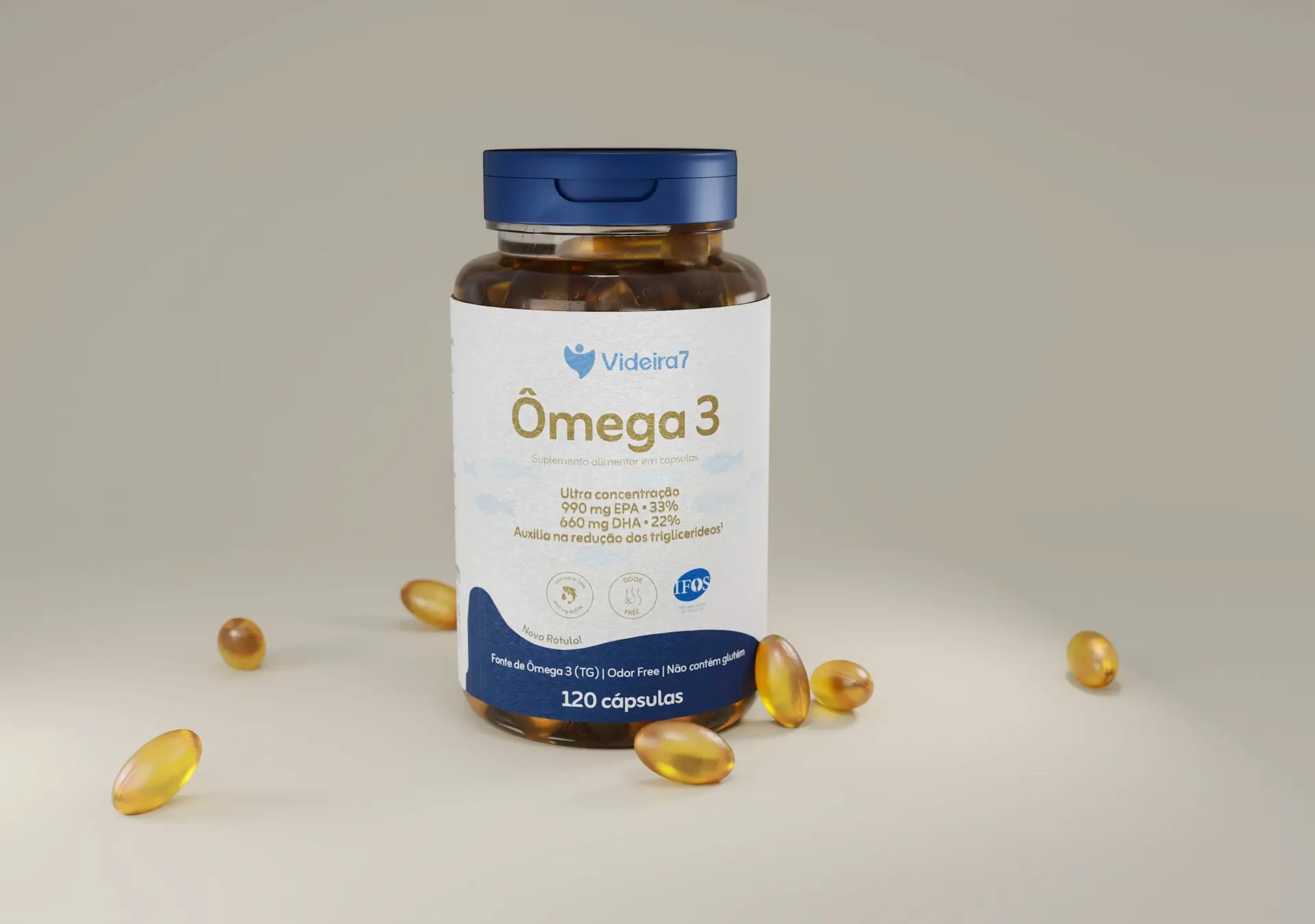 3D product shot of Videira7 Ômega 3 bottle showing realistic golden softgel capsules and professional studio lighting.