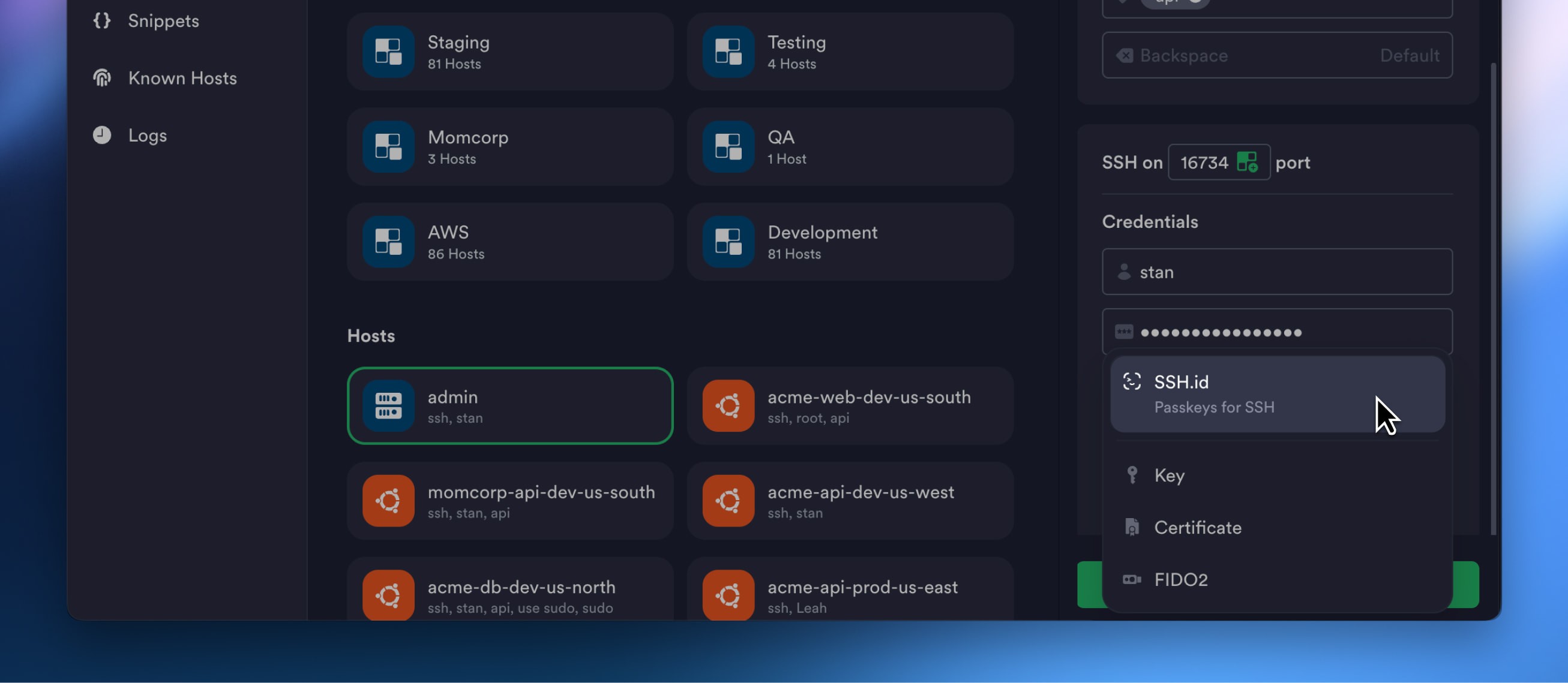 Assign SSH ID to your hosts in Termius and connect with one click