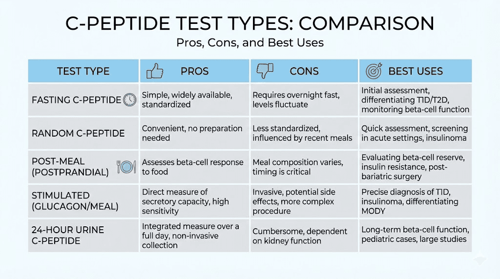 C-peptide test comparison chart showing fasting, random, stimulated, and urine options
