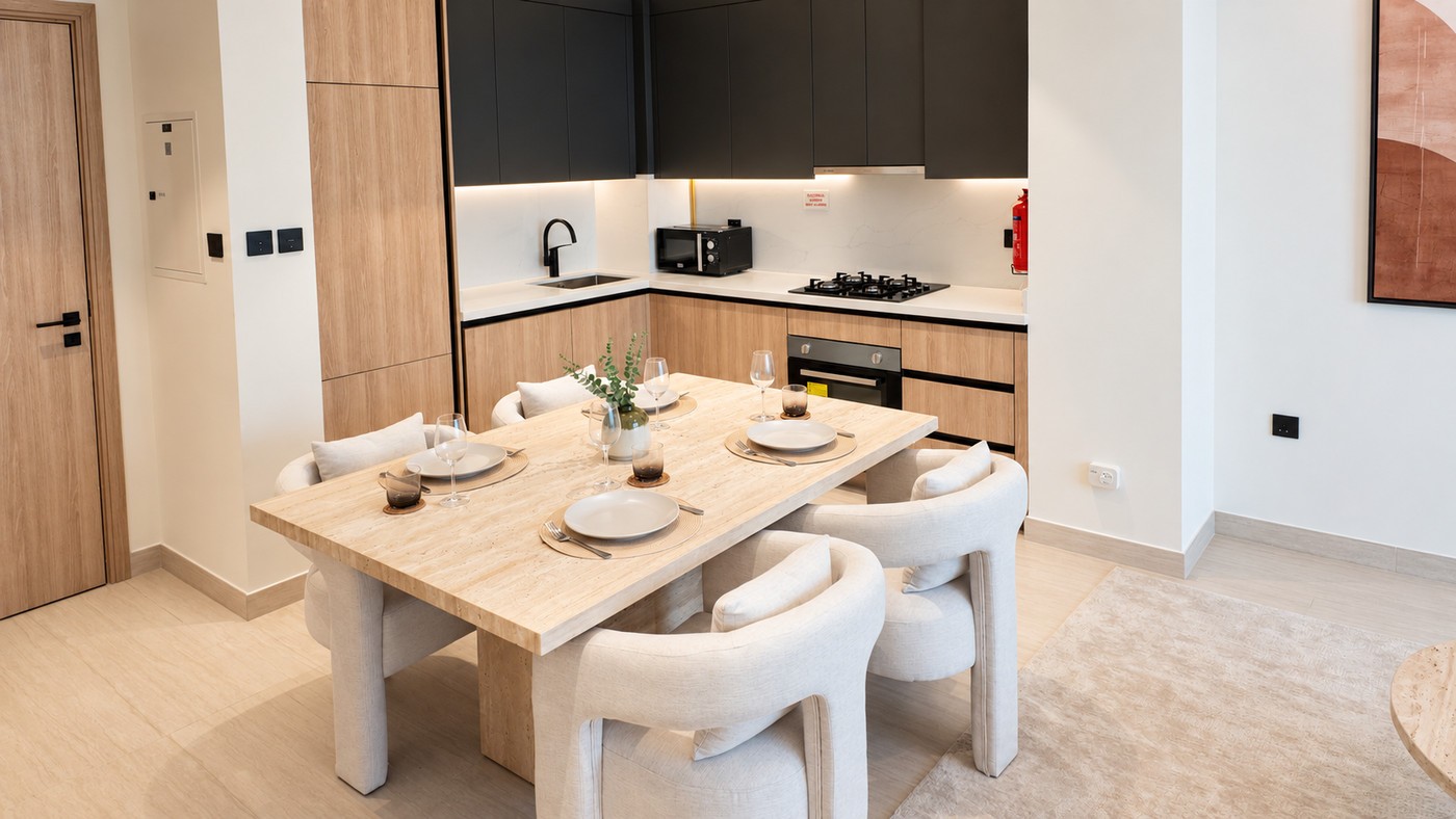 The same kitchen and dining area furnished and styled by alto