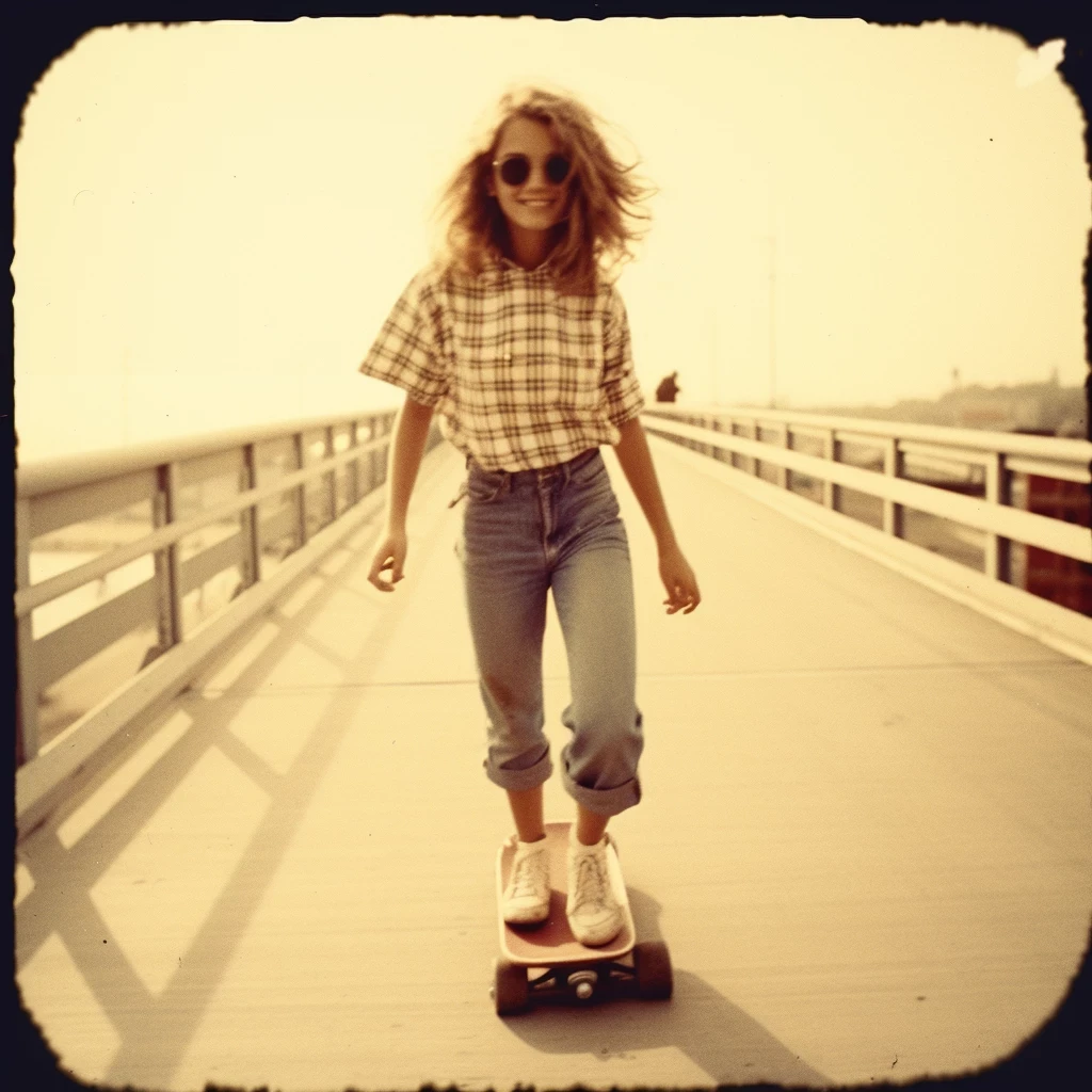 preserved memory through photo of a girl riding a long board skateboard