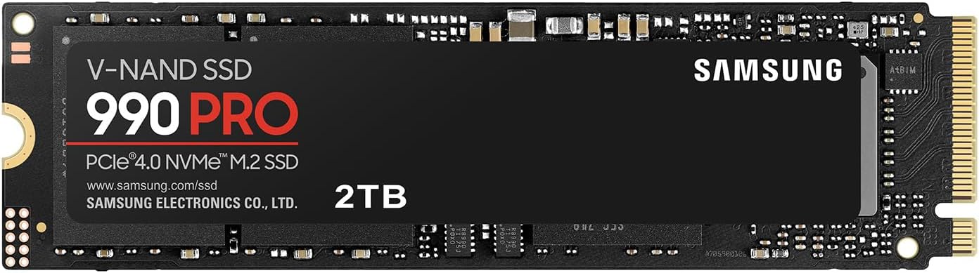 This is an image of the SAMSUNG 990 PRO 2TB SSD, engineered for high-performance storage and fast data transfer speeds for gaming and professional use.