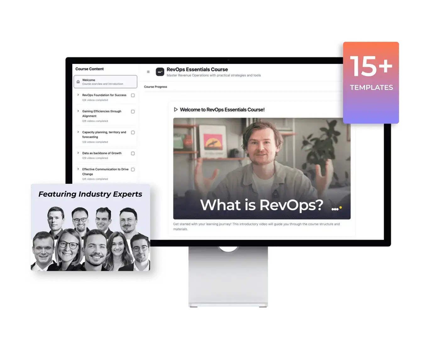 RevOps Essentials Course interface on a screen with a "15+ Templates" tag and headshots of featured industry experts.